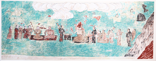 《成吉思汗及后妃、四子受祭图》 阿尔寨石窟壁画 206.5x81cm